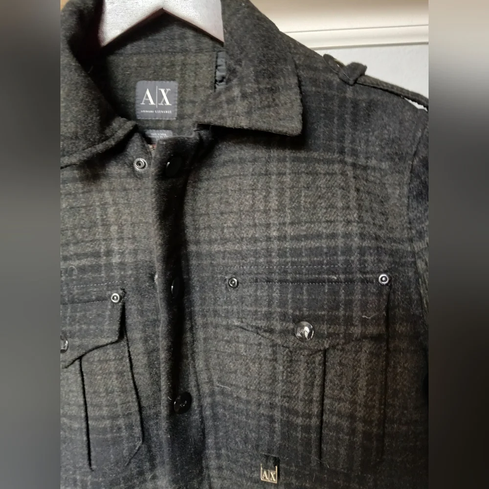 Armani Exchange Plaid Wool Coat, Size S in black and green